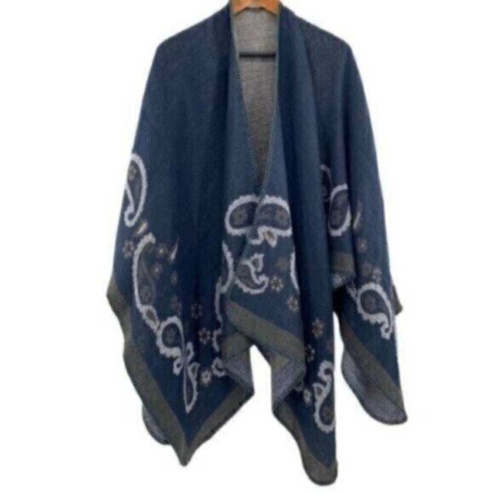 Western Paisley Knit Poncho Shrug Sweater Country House Chic